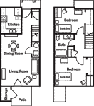 2-bedroom for 4 students (lower level on left, upper on right)