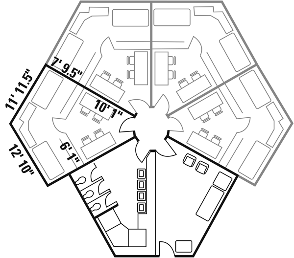 Floor plan of a typical suite cluster in Morrill or Lincoln Tower
